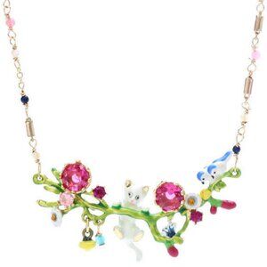Les Nereides Little Cat Hung To A Branch With Pink Stone And Birds Necklace